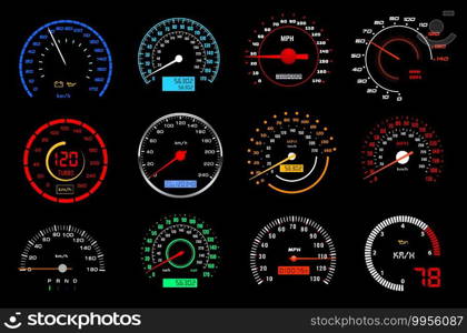 Car dashboard speedometer or speed meter dial vector icons of auto racing sport. Motor vehicle gauges or counters of car instrument panel, colorful dial scales, odometers, PRND, oil, battery displays. Car dashboard speedometer dial vector icons