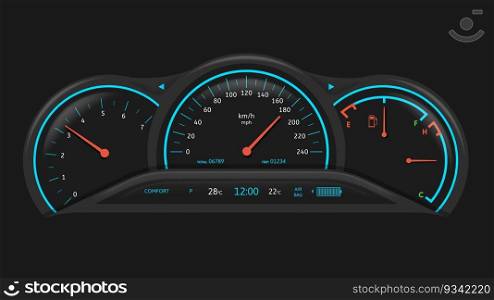 Car dashboard. Vehicle performance monitoring indicators and gauges, fuel level and speedometer ui vector illustration. Automobile odometer and tachometer for oil or petrol level measurement. Car dashboard. Vehicle performance monitoring indicators and gauges, fuel level and speedometer ui vector illustration