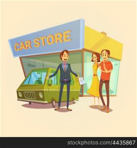Car Dealer And Clients Concept. Car dealer and clients cartoon concept with car store building vector illustration