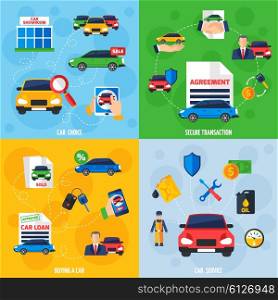 Car Dealership 4 Flat Icons Square . Car showroom with vehicles for sale and safe payment options 4 flat icons square composition banner vector illustration