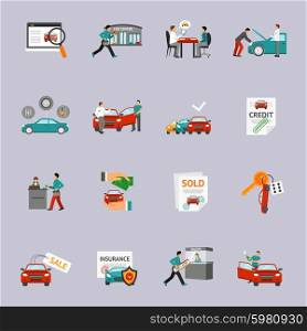 Car dealership and automobile retail icon set isolated vector illustration. Car Dealership Icon Set