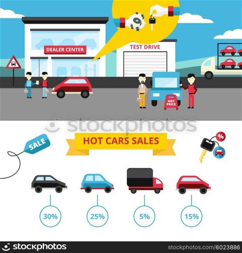 Car Dealership Banners. Car dealership flat banners set of dealer center with buyers and sellers and vehicle hot sale icons collection vector illustration