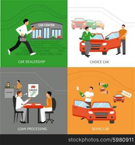 Car dealership design concept set with car choice process flat icons set isolated vector illustration. Car Dealership Design Concept