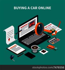 Car dealership isometric composition with text and desktop elements papers and laptop with online automobile store vector illustration