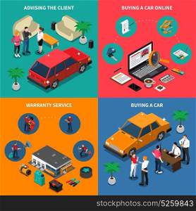 Car Dealership Isometric Concept. Car dealership isometric concept with advising customer and online purchase warranty service buying vehicle isolated vector illustration