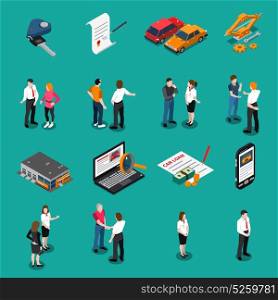 Car Dealership Isometric Icons Set. Set of isometric icons with car dealership customers and sellers computer search and purchase isolated vector illustration
