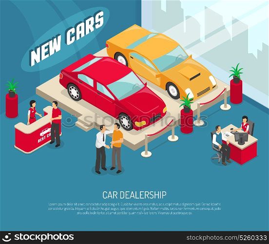 Car Dealership Leasing Composition. Colored car dealership leasing composition with people who choose and buy cars vector illustration