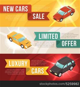 Car Dealership Leasing Horizontal Banner Set. Three colored car dealership leasing horizontal banner set with new cars sale limited offer and luxury cars descriptions and ribbons vector illustration