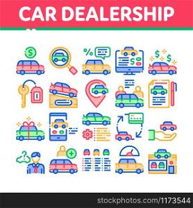 Car Dealership Shop Collection Icons Set Vector Thin Line. Car Dealership Agreement And Document, Auto Salon And Building, Key And Gps Mark Concept Linear Pictograms. Color Contour Illustrations. Car Dealership Shop Collection Icons Set Vector
