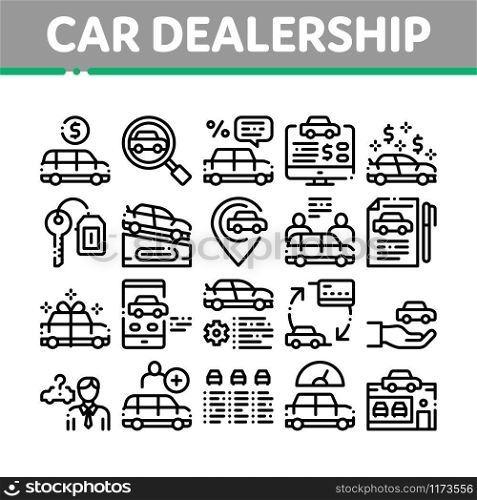Car Dealership Shop Collection Icons Set Vector Thin Line. Car Dealership Agreement And Document, Auto Salon And Building, Key And Gps Mark Concept Linear Pictograms. Monochrome Contour Illustrations. Car Dealership Shop Collection Icons Set Vector