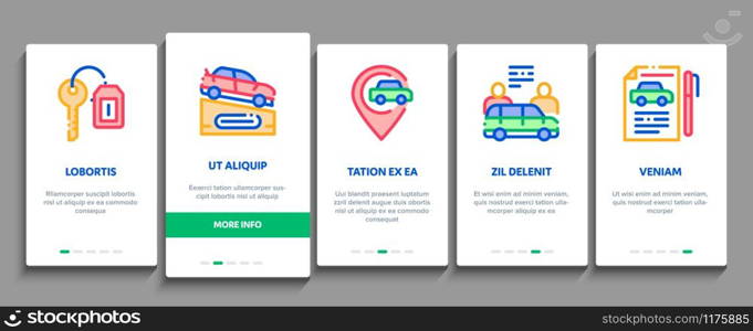 Car Dealership Shop Onboarding Mobile App Page Screen Vector. Car Dealership Agreement And Document, Auto Salon And Building, Key And Gps Mark Concept Linear Pictograms. Color Contour Illustrations. Car Dealership Shop Onboarding Elements Icons Set Vector