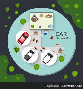 Car Dealership Top View Flat Poster. New certified cars dealership and used auto outside for sale top view flat poster abstract vector illustration