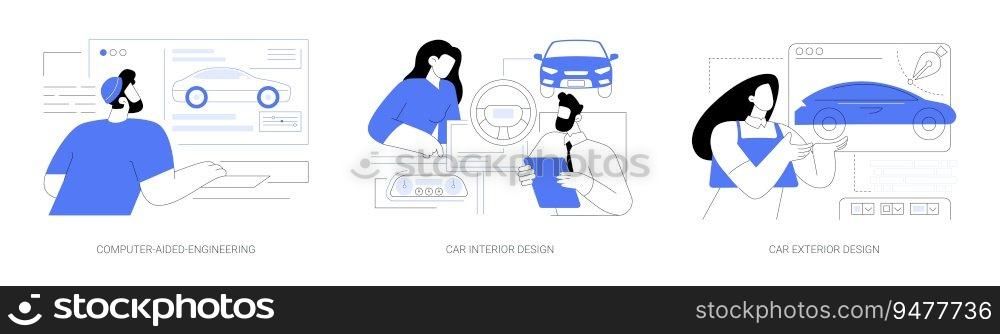 Car design abstract concept vector illustration set. Computer-aided-engineering, car interior and exterior design, CAD software, automotive industry, car manufacturing abstract metaphor.. Car design abstract concept vector illustrations.
