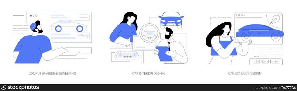 Car design abstract concept vector illustration set. Computer-aided-engineering, car interior and exterior design, CAD software, automotive industry, car manufacturing abstract metaphor.. Car design abstract concept vector illustrations.