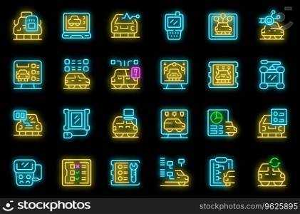 Car diagnostic scanner icons set outline vector. Computer digital. Data check neon color on black. Car diagnostic scanner icons set vector neon