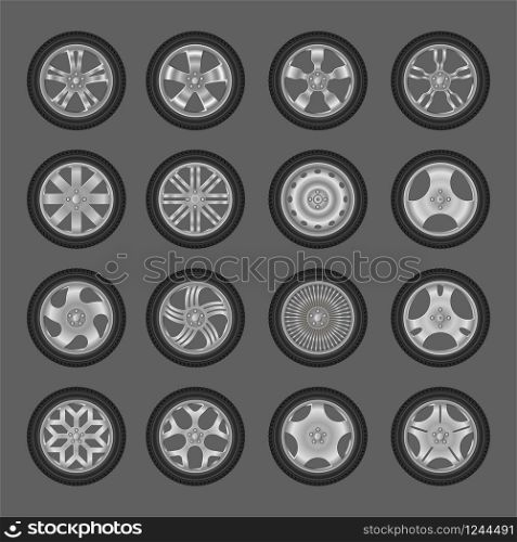 Car different wheels with tire realistic bundle icons isolated