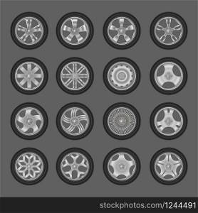 Car different wheels with tire realistic bundle icons isolated