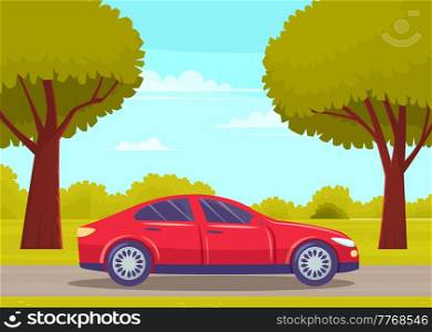 Car drive on an asphalt road in countryside against green forest with large trees. Country road summertime flat vector illustration. Car tourism, family auto trip, journey, automobile transport. Car drive on asphalt road in countryside against green forest with large trees. Car tourism, journey