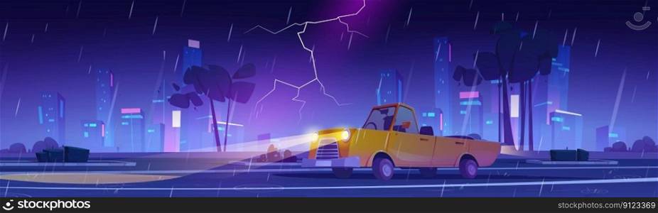 Car drive on city street in rain at night. Rainy weather, thunderstorm with lightning and cabriolet driving on road. Cityscape with buildings and highway in storm, vector cartoon illustration. Car drive on city street in rain at night
