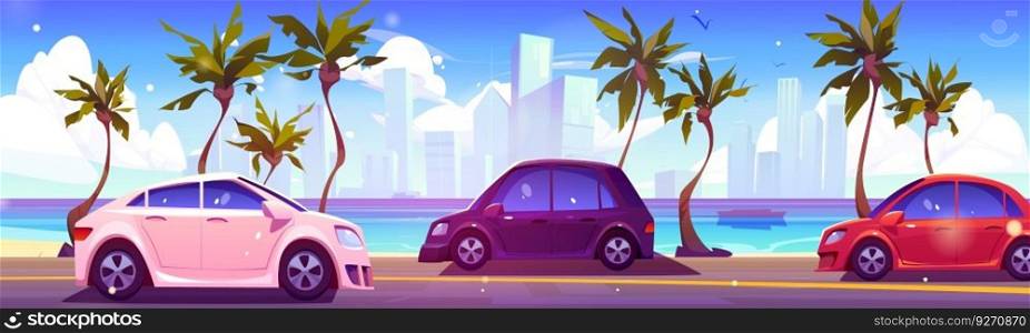 Car drive on road near sea with skyscrapper view vector background. Palm tree on ocean embankment in town summer cartoon illustration. Paradise water coast traffic in sunny vacation island bay.. Car drive on road near sea with skyscrapper view