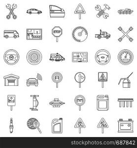 Car driver icons set. Outline style of 36 car driver vector icons for web isolated on white background. Car driver icons set, outline style