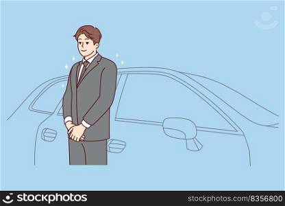 Car driver in suit standing near car waiting for client. Chauffeur in formalwear working in luxury automobile company. Good quality service. Vector illustration.. Car driver in suit standing near car