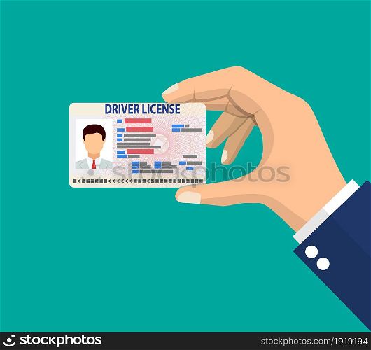 Car driver license identification card in hand with photo. Driver license vehicle identity document. plastic id card. Vector illustration in flat style. Car driver license identification card in hand