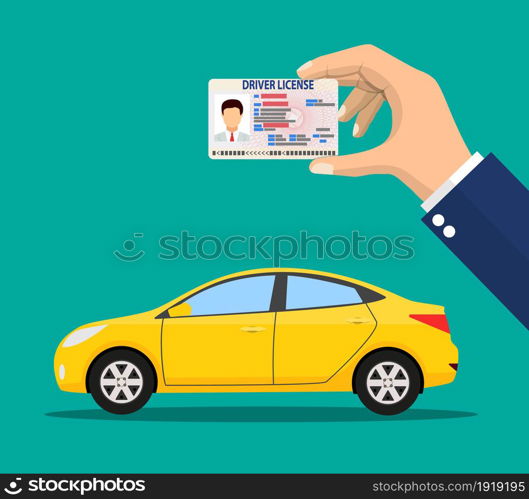 Car driver license identification card in hand with photo. Orange sedan car. Driver license vehicle identity document. plastic id card. Vector illustration in flat style. Car driver license identification card in hand