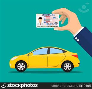 Car driver license identification card in hand with photo. Orange sedan car. Driver license vehicle identity document. plastic id card. Vector illustration in flat style. Car driver license identification card in hand