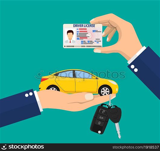 Car driver license identification card in hand with photo. Red sedan car with keys. Driver license vehicle identity document. plastic id card. Vector illustration in flat style. Car driver license identification card in hand