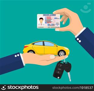 Car driver license identification card in hand with photo. Red sedan car with keys. Driver license vehicle identity document. plastic id card. Vector illustration in flat style. Car driver license identification card in hand