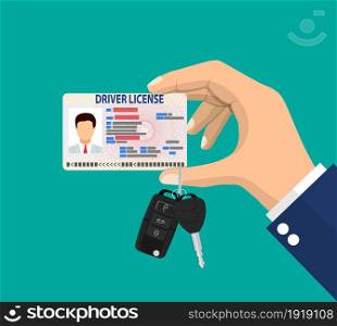 Car driver man license identification card with photo and car key with alarm in hand. Driver license vehicle identity document. plastic id card. Vector illustration in flat style. Car driver man license identification card