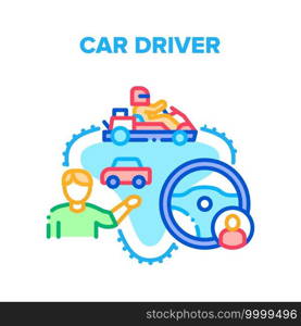 Car Driver Racer Vector Icon Concept. Car Driver Steering Wheel For Driving Automobile Or Cart, Motor Race Sport Competition. Vehicle Control Direction And Drive Color Illustration. Car Driver Racer Vector Concept Color Illustration