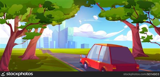 Car drives on road to city. Summer landscape with town buildings on skyline, highway, trees and fields with green grass. Concept of travel, street traffic, road trip, vector cartoon illustration. Summer landscape with car drives on road to city