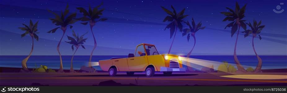Car driving road along night beach. Automobile travel at tropical landscape with palm trees along ocean coastline under dark starry sky. Panoramic background with highway, Cartoon vector illustration. Car driving road along night beach, automobile