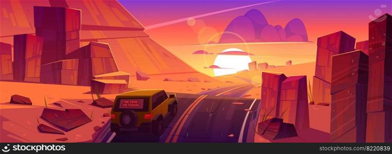 Car driving road at sunset desert or canyon beautiful landscape with red orange sky and sun down. Jeep travel, riding asphalt highway route with dusk skyline, rocky barren, Cartoon vector illustration. Car driving road at sunset desert canyon landscape