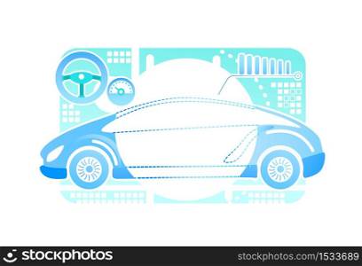 Car driving simulator 2D vector web banner, poster. Automobile projection in cyber space flat object on cartoon background. Simulator for entertainment. Transport for education colorful scene. Car driving simulator 2D vector web banner, poster