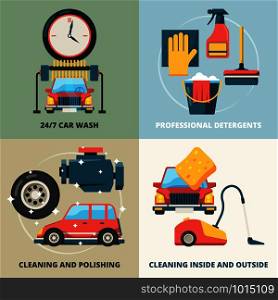 Car dry cleaning. Water wash service foam sponge auto spray vector concept pictures. Illustration of auto and car, wash and sponge. Car dry cleaning. Water wash service foam sponge auto spray vector concept pictures