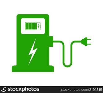 Car electric charge station. Icon of car charger. Ev symbol. Charging and recharge electric vehicle battery. Green sign for eco or hybrid. Vector.