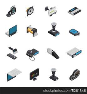 Car Electronics Isometric Icons. Car electronics isometric icons with electric pump gps navigator alarm system smart gadgets radio and dvd devices isolated vector illustration