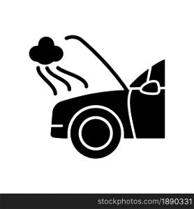 Car engine damage black glyph icon. Front end collision. Mechanical breakdown. Vehicle body, frame damage. Broken transmission. Silhouette symbol on white space. Vector isolated illustration. Car engine damage black glyph icon