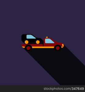 Car evacuator icon in flat style on a violet background. Car evacuator icon in flat style