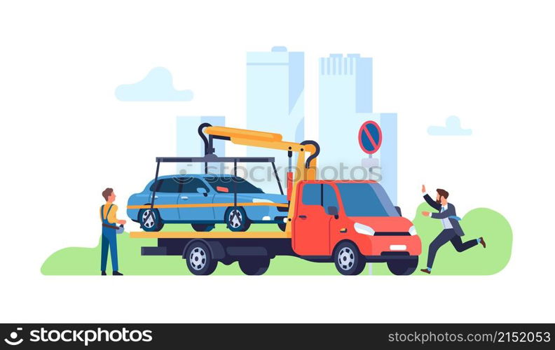 Car evacuator. Parking violations consequences. Driver catches up with automobile. Forced transportation of vehicle. Fines payment. Transport evacuation. Tow truck takes auto away. Vector concept. Car evacuator. Parking violations consequences. Driver catches up with automobile. Forced transportation of vehicle. Transport evacuation. Tow truck takes auto away. Vector concept