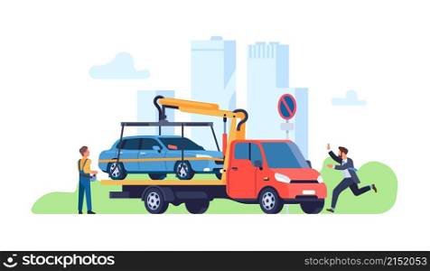 Car evacuator. Parking violations consequences. Driver catches up with automobile. Forced transportation of vehicle. Fines payment. Transport evacuation. Tow truck takes auto away. Vector concept. Car evacuator. Parking violations consequences. Driver catches up with automobile. Forced transportation of vehicle. Transport evacuation. Tow truck takes auto away. Vector concept