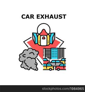 Car Exhaust Vector Icon Concept. Car Exhaust And Environment Pollution Ecology Problem, Protective Facial Mask. Urban Traffic Road Jam, Automobile Emission Steam Color Illustration. Car Exhaust Vector Concept Color Illustration