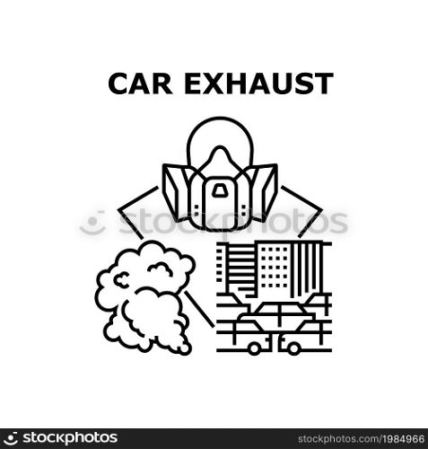 Car Exhaust Vector Icon Concept. Car Exhaust And Environment Pollution Ecology Problem, Protective Facial Mask. Urban Traffic Road Jam, Automobile Emission Steam Black Illustration. Car Exhaust Vector Concept Black Illustration