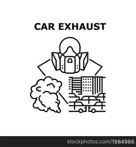 Car Exhaust Vector Icon Concept. Car Exhaust And Environment Pollution Ecology Problem, Protective Facial Mask. Urban Traffic Road Jam, Automobile Emission Steam Black Illustration. Car Exhaust Vector Concept Black Illustration