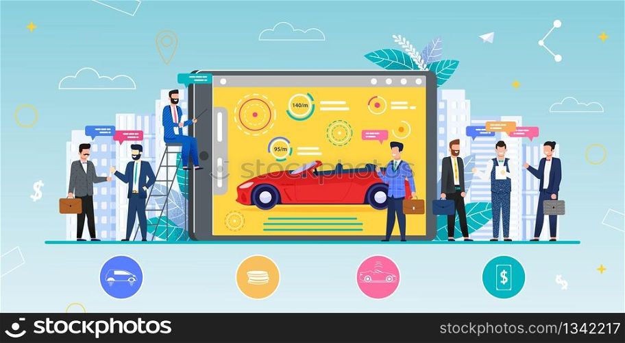 Car Exhibition Metaphor Flat Cartoon Vector. Man Represents New Red Convertible Model on Tablet. Business People, Potential Buyers Talking, Discussing, Receiving Consultation Illustration on Cityscape. Modern Car Exhibition Metaphor Flat Cartoon Vector