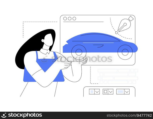 Car exterior design abstract concept vector illustration. Automotive designer sketching car exterior, car manufacturing, engineering industry, vehicle appearance development abstract metaphor.. Car exterior design abstract concept vector illustration.