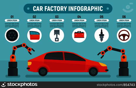 Car factory infographic. Flat illustration of car factory vector infographic for web design. Car factory infographic, flat style